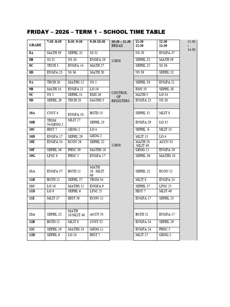 2026 Term 1 School Timetable | PDF