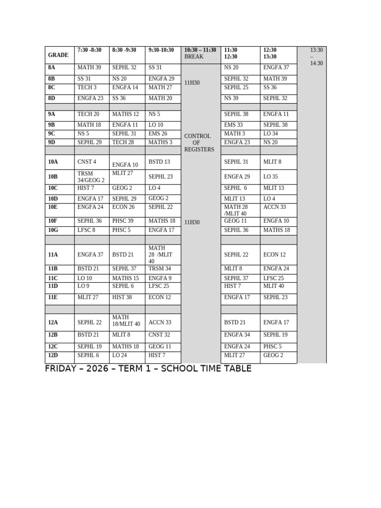 2026 Term 1 School Timetable | PDF