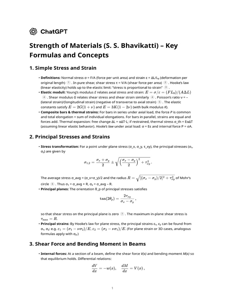 Key Formulas in Strength of Materials | PDF | Bending | Stress (Mechanics)