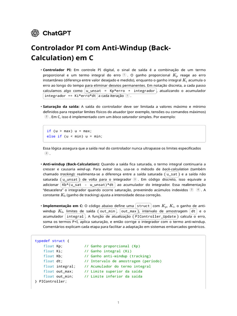 Controlador PI com Anti-Windup (Back-Calculation) em C | PDF ...