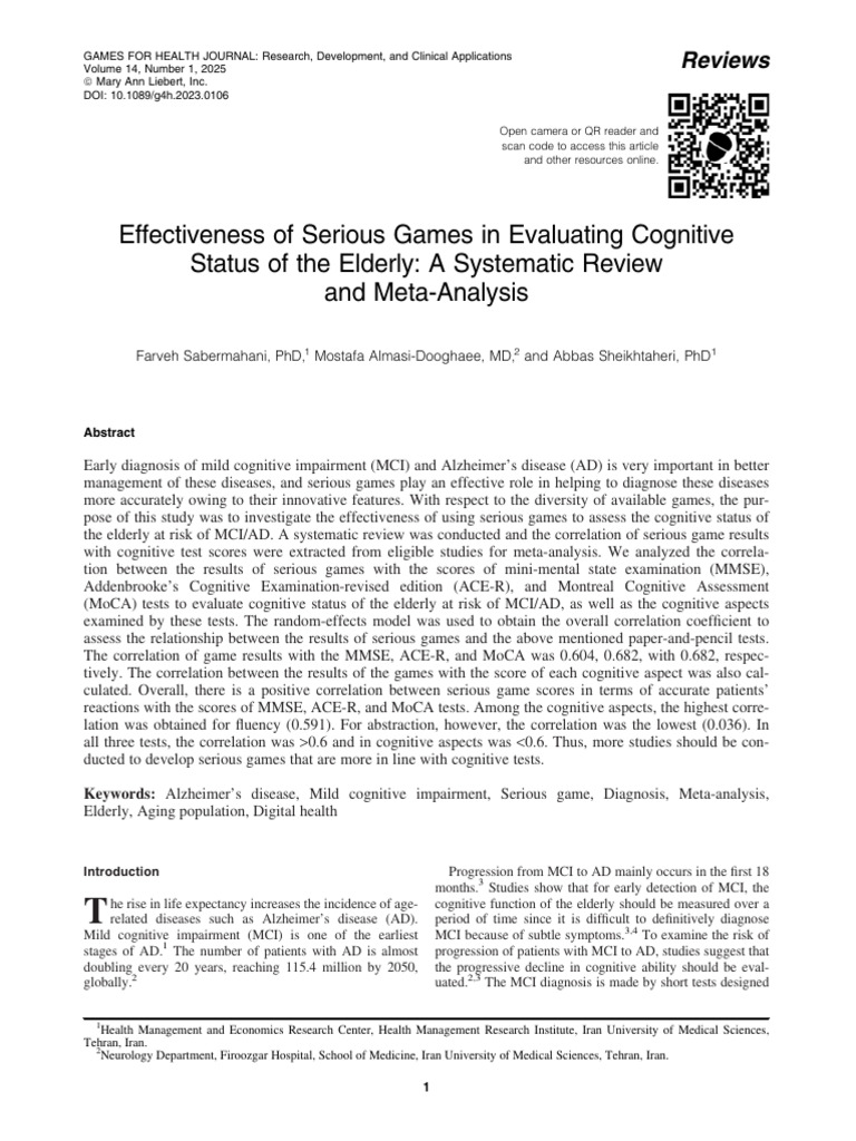 Serious Games for Elderly Cognitive Assessment | PDF | Medical ...