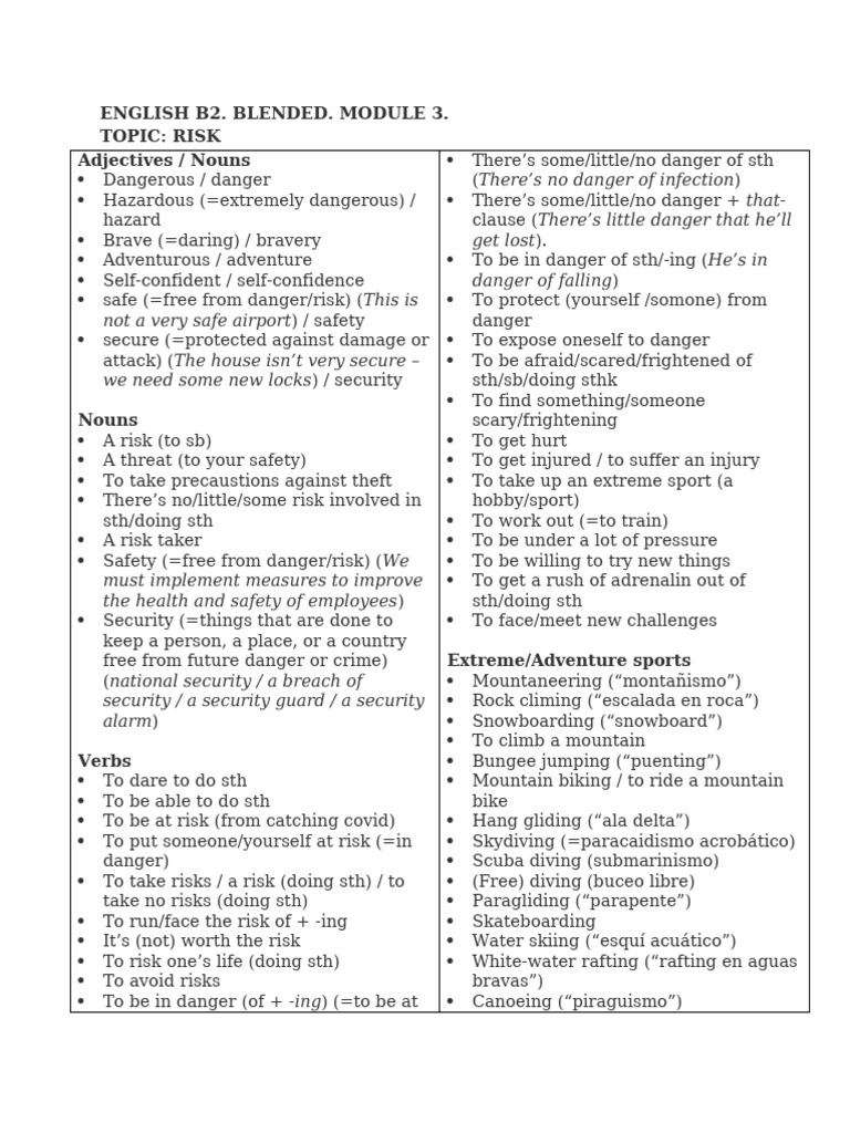 B2 English Module 3: Risk Vocabulary | PDF