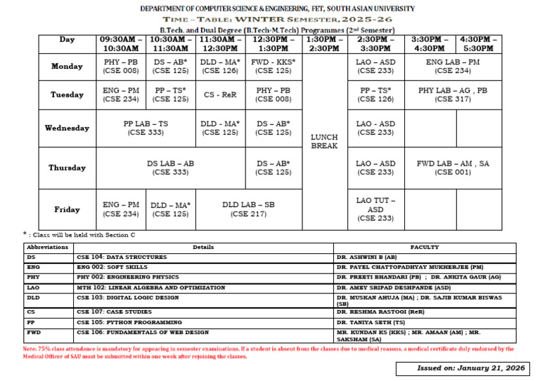 Class Schedule for Section C 2026 | PDF