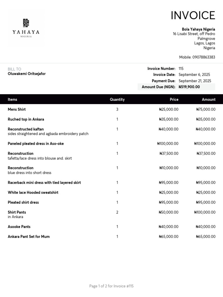 Invoice #115 for Fashion Items Purchase | PDF | Clothing | Fashion