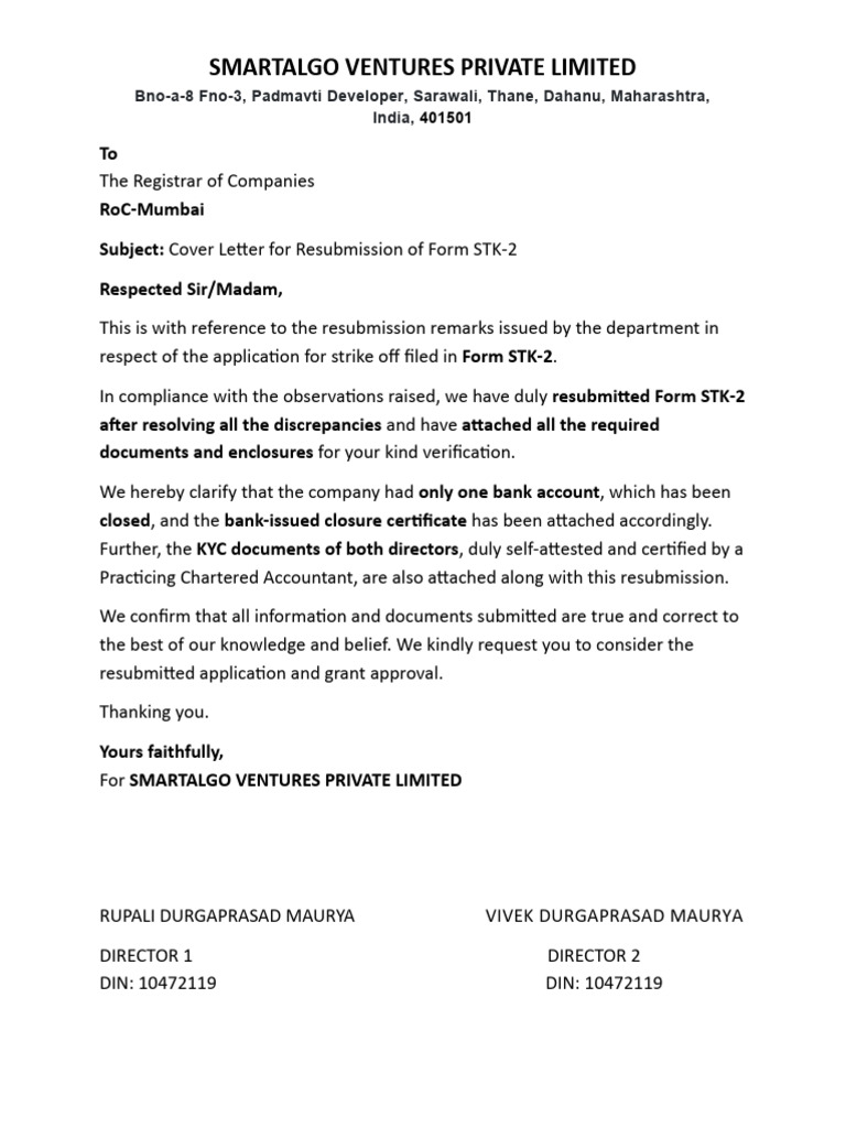 Resubmission of Form STK-2 for Strike Off | PDF