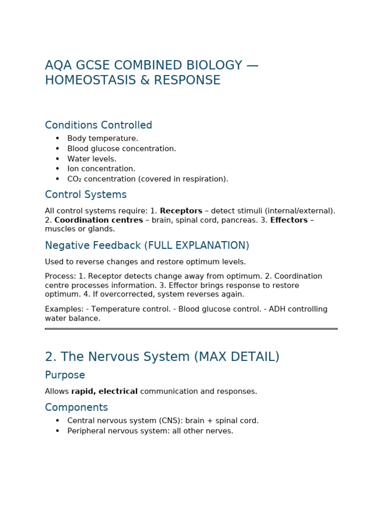 AQA GCSE Biology: Homeostasis & Response | PDF | Nervous System | Neuron