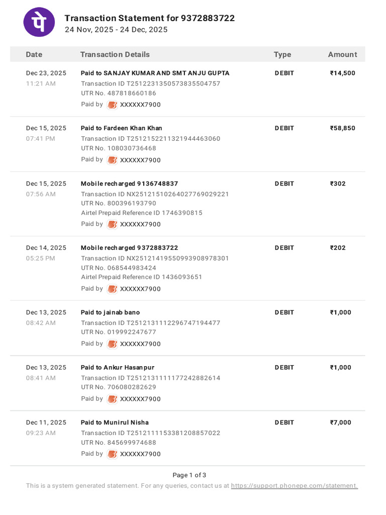 Transaction Statement for 9372883722 | PDF | Debit Card | Financial ...