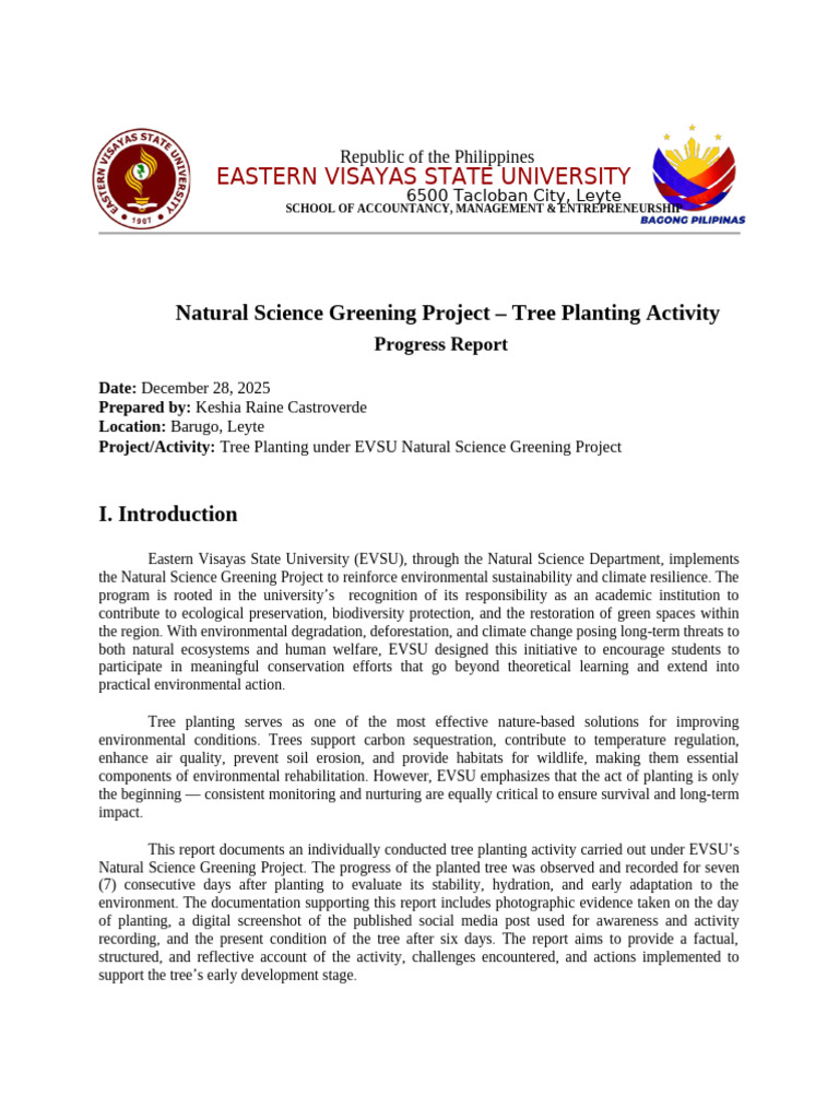 EVSU Tree Planting Progress Report | PDF | Ecological Resilience ...