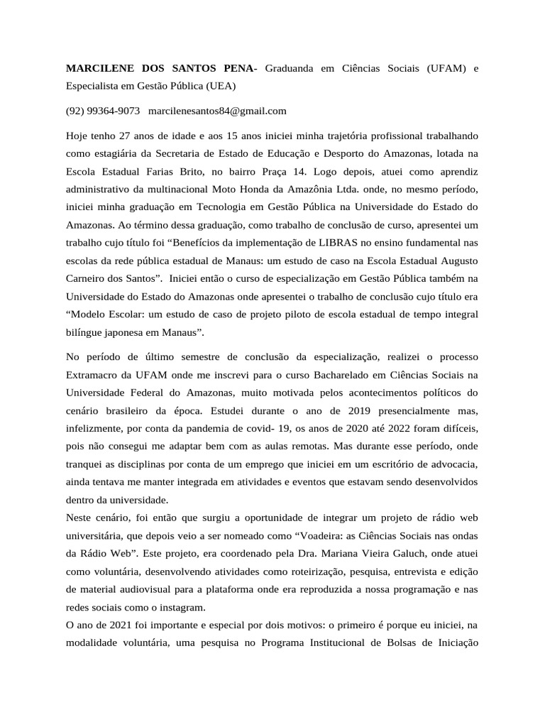 Trajetória Acadêmica de Marcilene Pena | PDF | Antropologia | Science