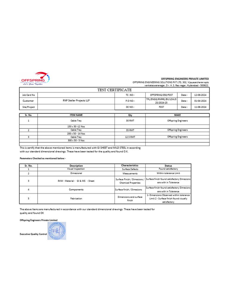 Test Certificate for GI & MS Components | PDF | Business Process ...