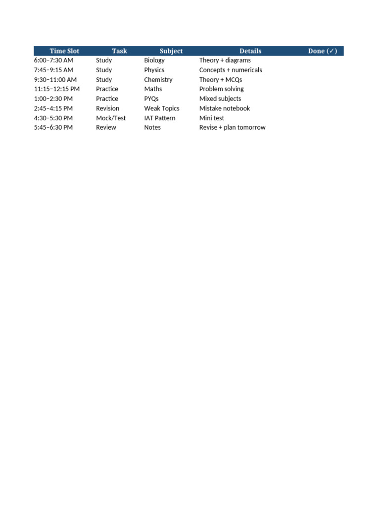 Daily Study Schedule for Science Subjects | PDF