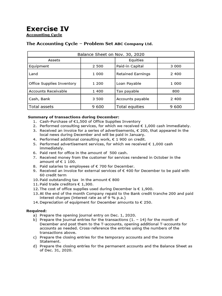 Accounting Cycle Problem Set for ABC Company | PDF