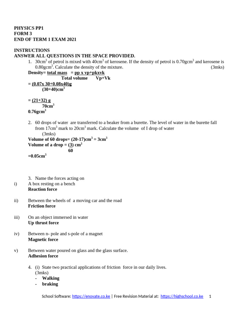 Form 3 Physics End Term 1 Exam 2021 | PDF | Gases | Force