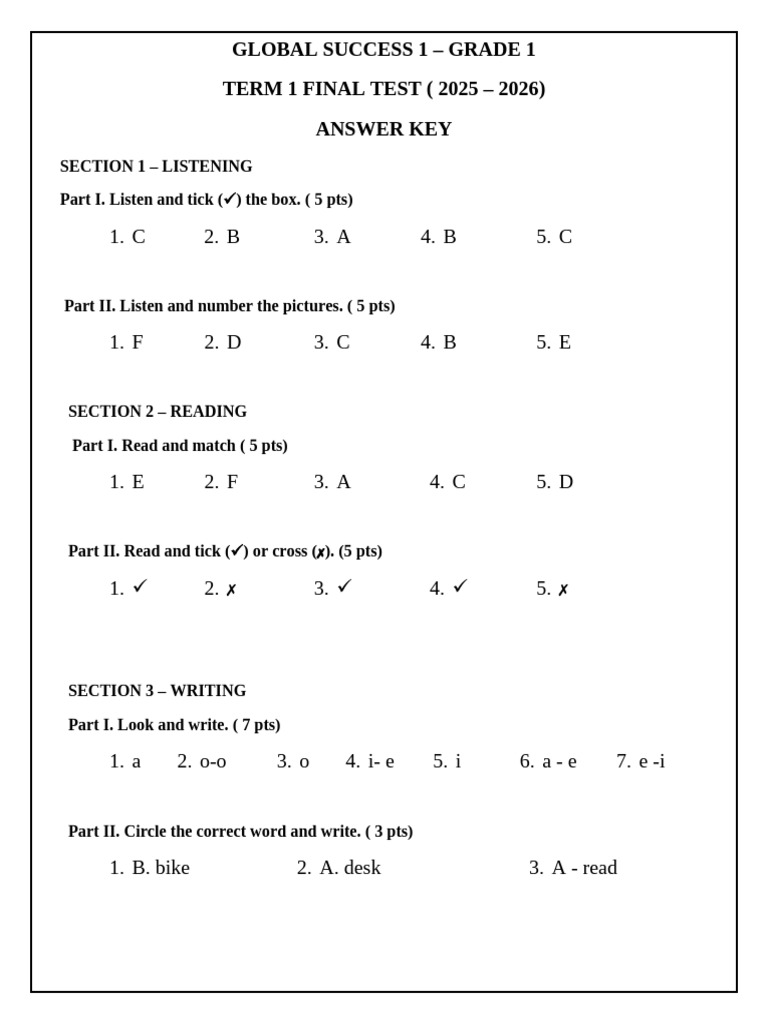 Grade 1 Term 1 Test Answer Key | PDF