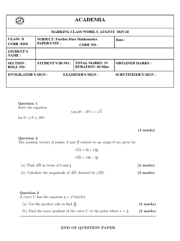Further Pure Mathematics Exam Questions | PDF