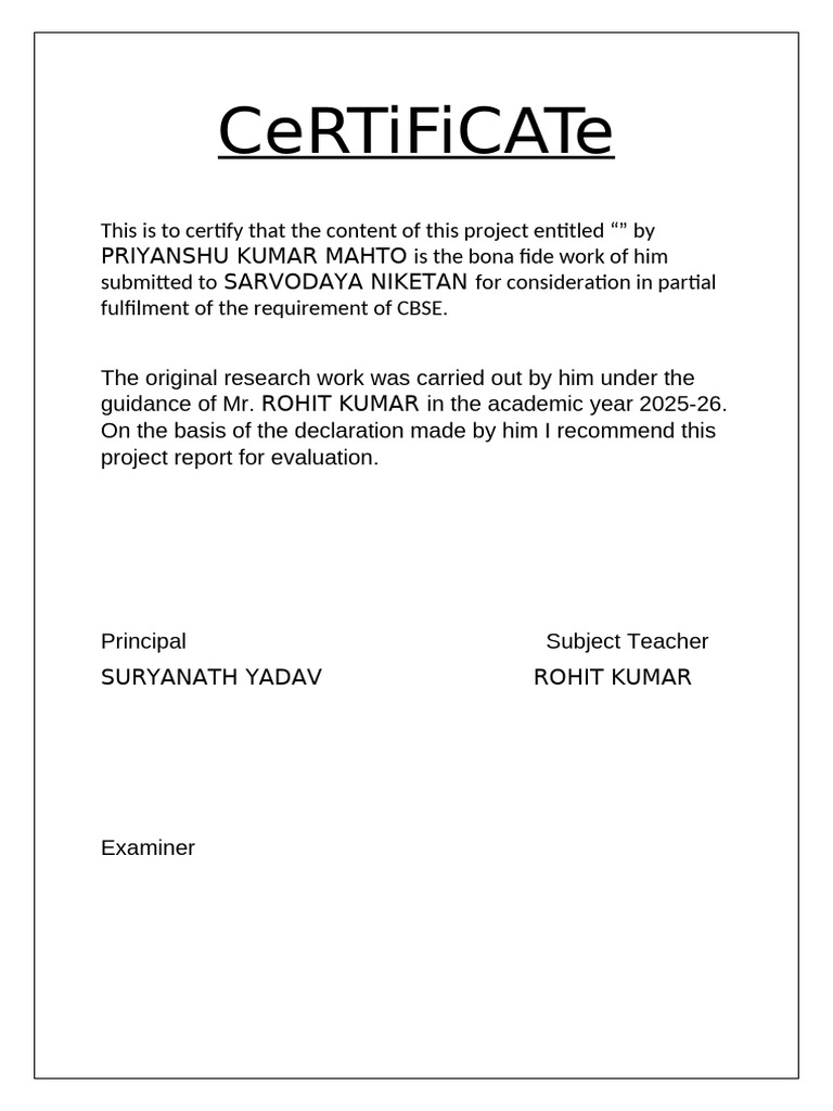 Project Certificate for Priyanshu Mahto | PDF