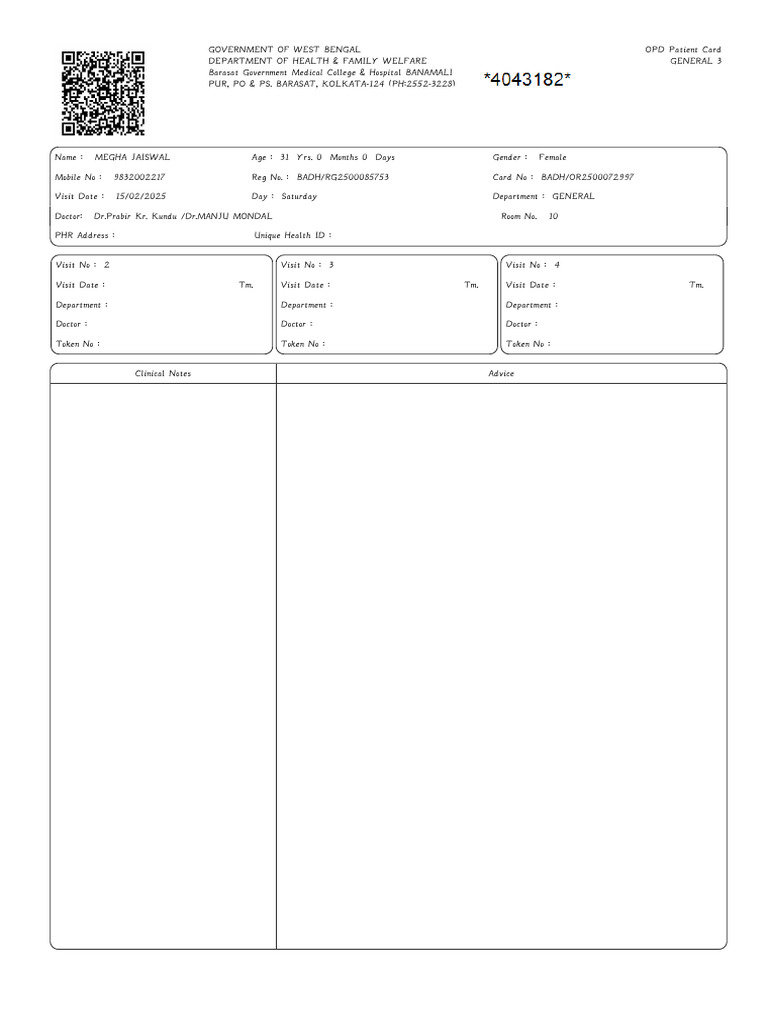 OPD Patient Card for Barasat Hospital | PDF