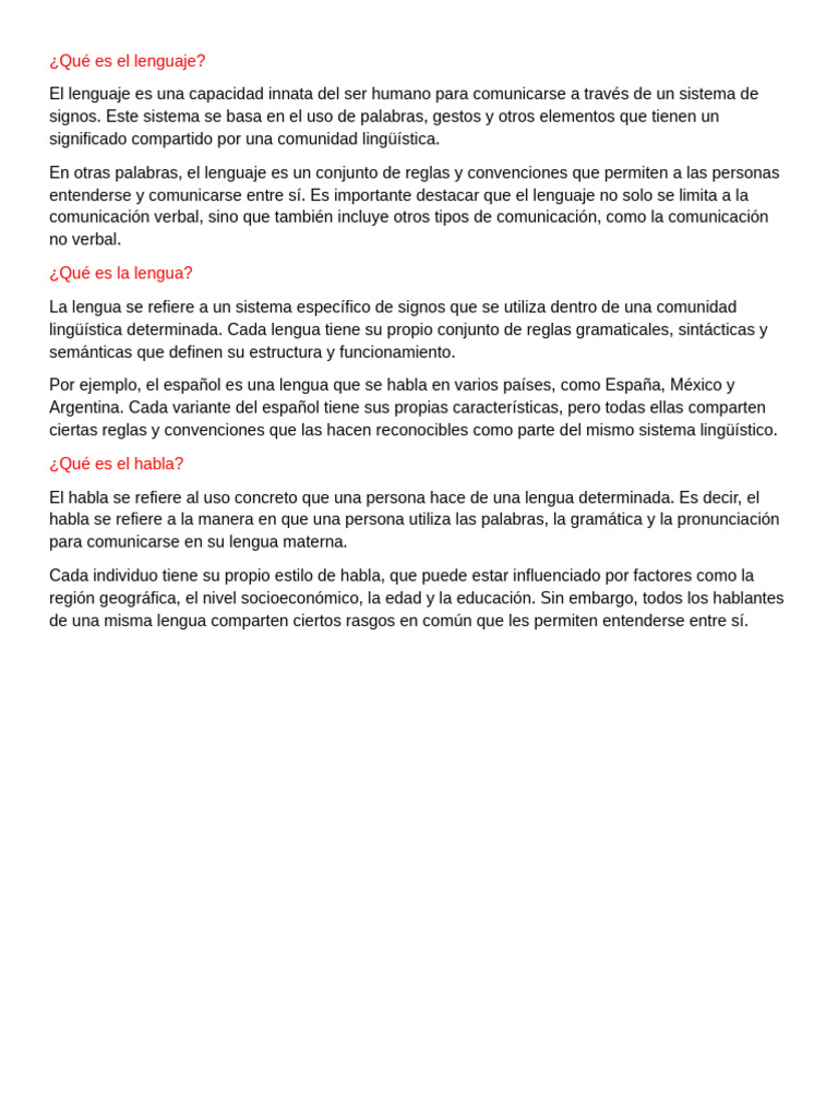 Lenguaje, lengua y habla: Definiciones clave | PDF