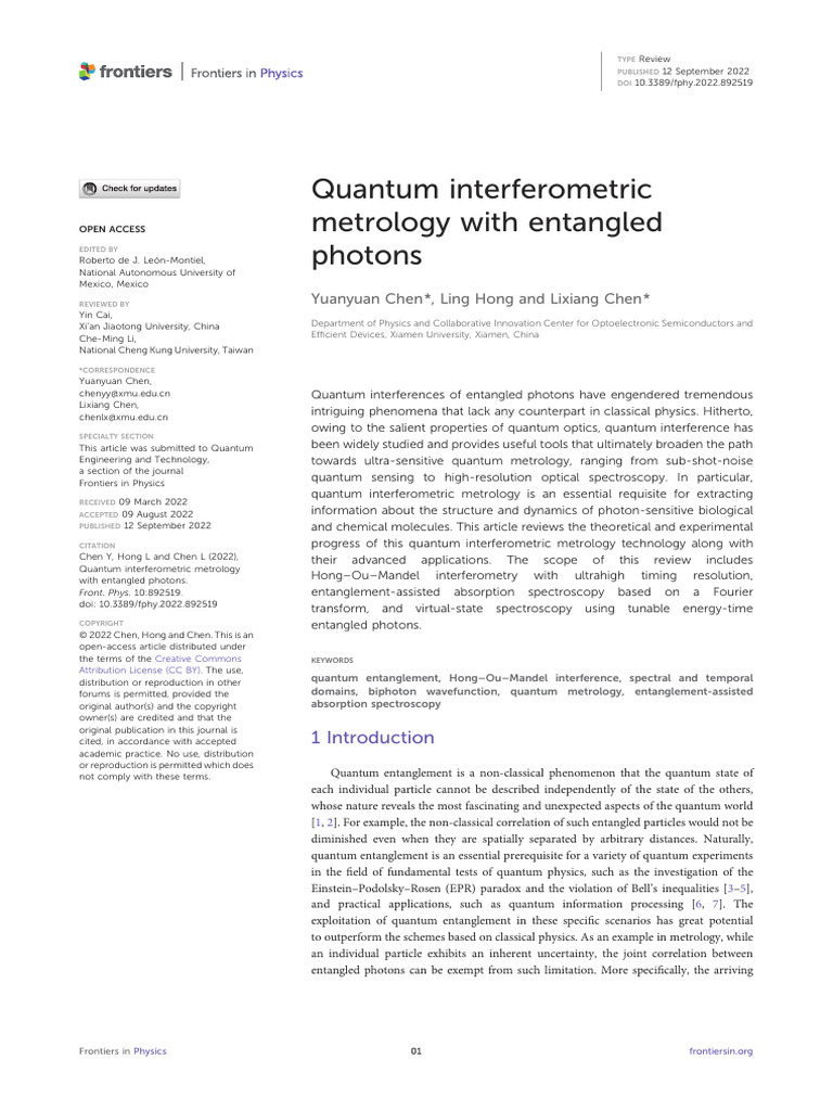 Quantum Metrology with Entangled Photons | PDF | Interferometry ...