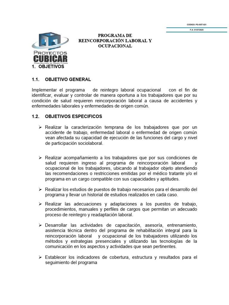 PG-SST -021 PROGRAMA DE REINTEGRO LABORAL ENERO | PDF | Seguridad y ...