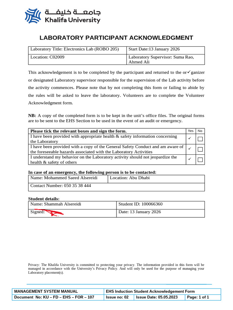 Electronics Lab Participant Acknowledgment | PDF