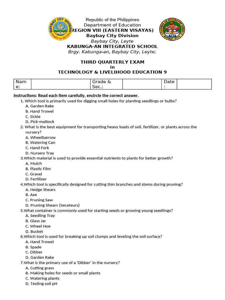 TLE 9 Quarterly Exam: Nursery Tools & Techniques | PDF | Plant Nursery ...