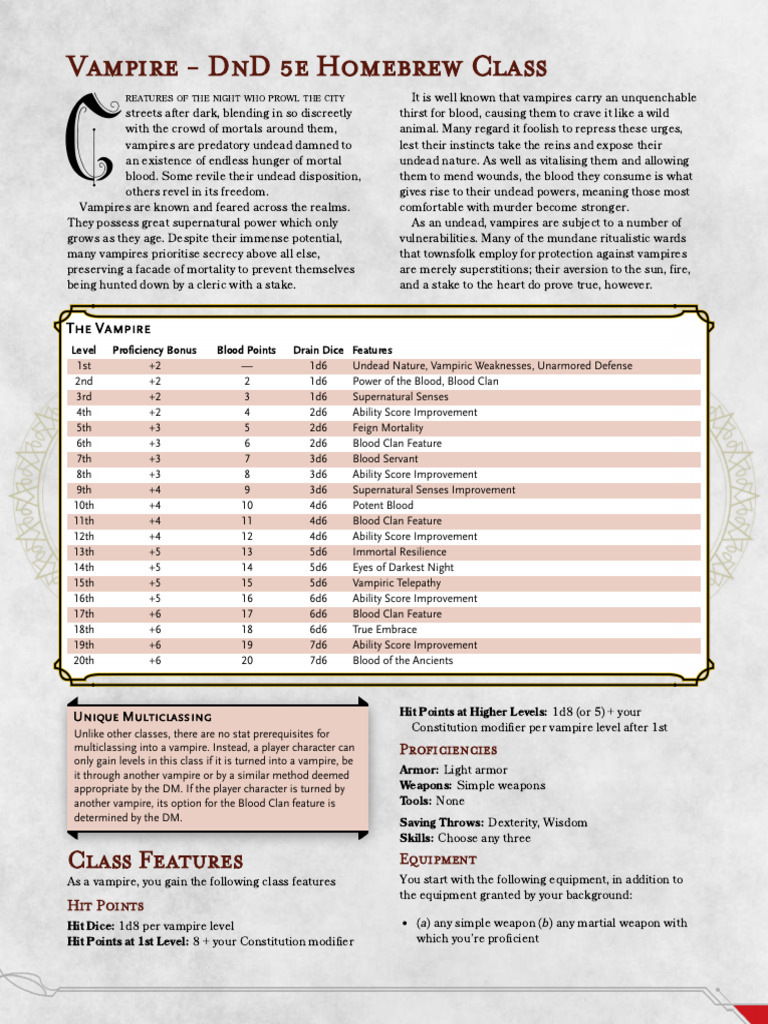 DnD 5e Homebrew Vampire Class Guide | PDF | Vampires