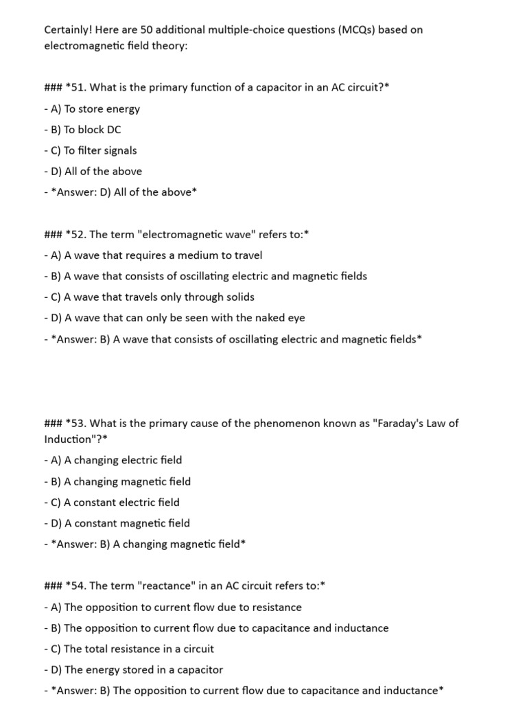50 MCQs on Electromagnetic Field Theory | PDF | Direct Current ...