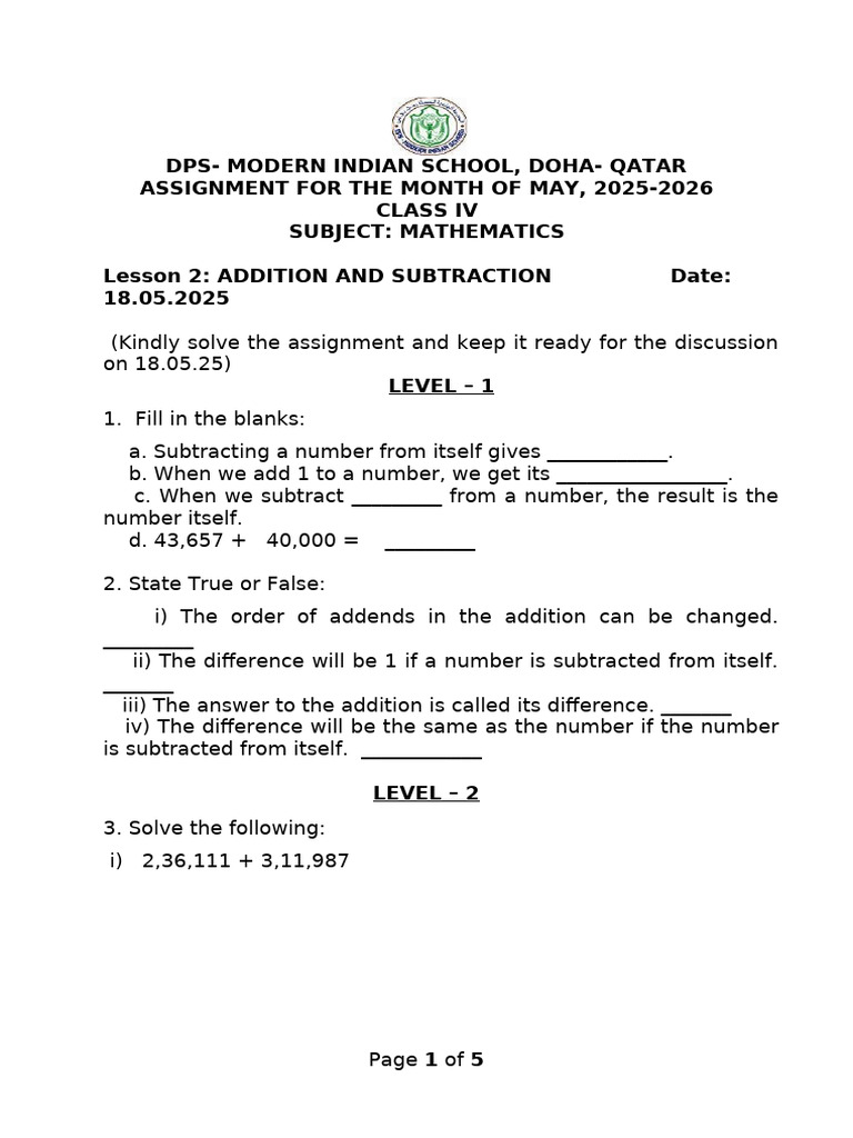 Class IV Math Assignment: Addition & Subtraction | PDF | Numbers