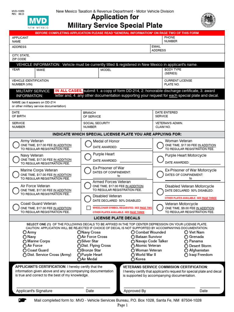 New Mexico Military Service Plate Application | PDF | Vehicle ...