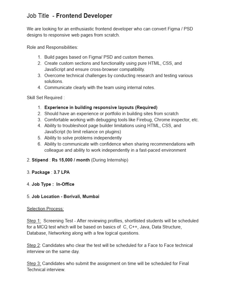 Frontend Developer Internship in Mumbai | PDF