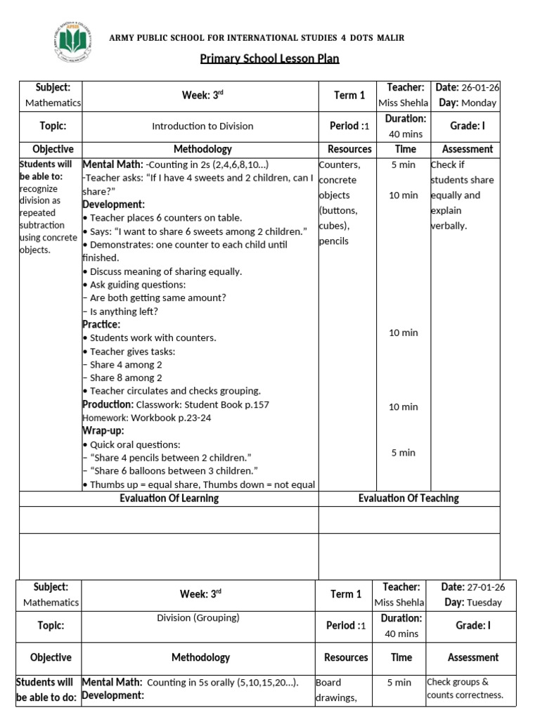 Grade 1 Division Lesson Plan | PDF | Lesson Plan | Multiplication
