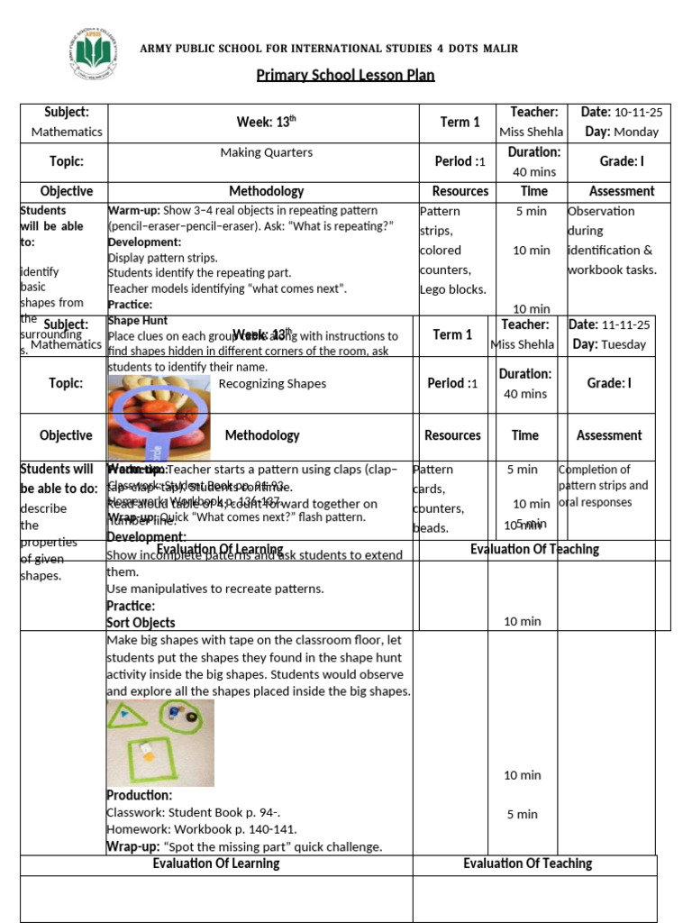 Grade 1 Math Lesson Plans: Shapes & Patterns | PDF | Lesson Plan | Pedagogy