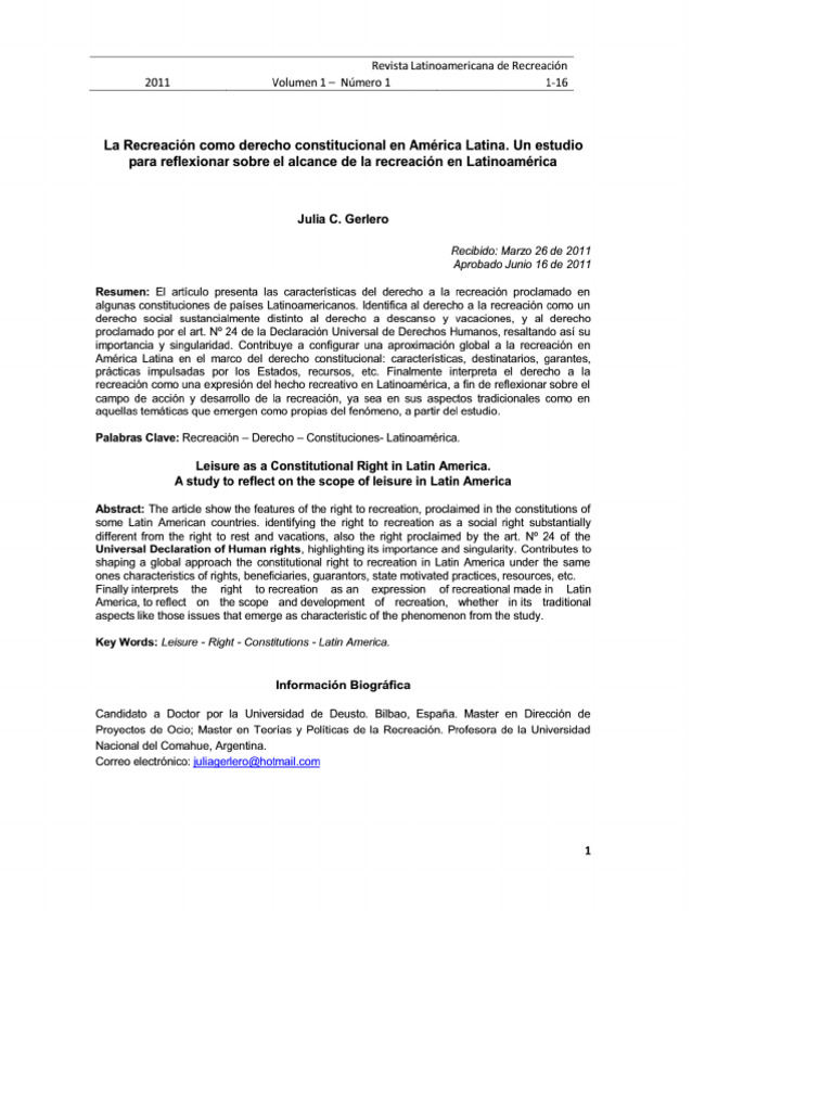 La Recreación Como Derecho Constitucional en América Latina - Gerlero | PDF
