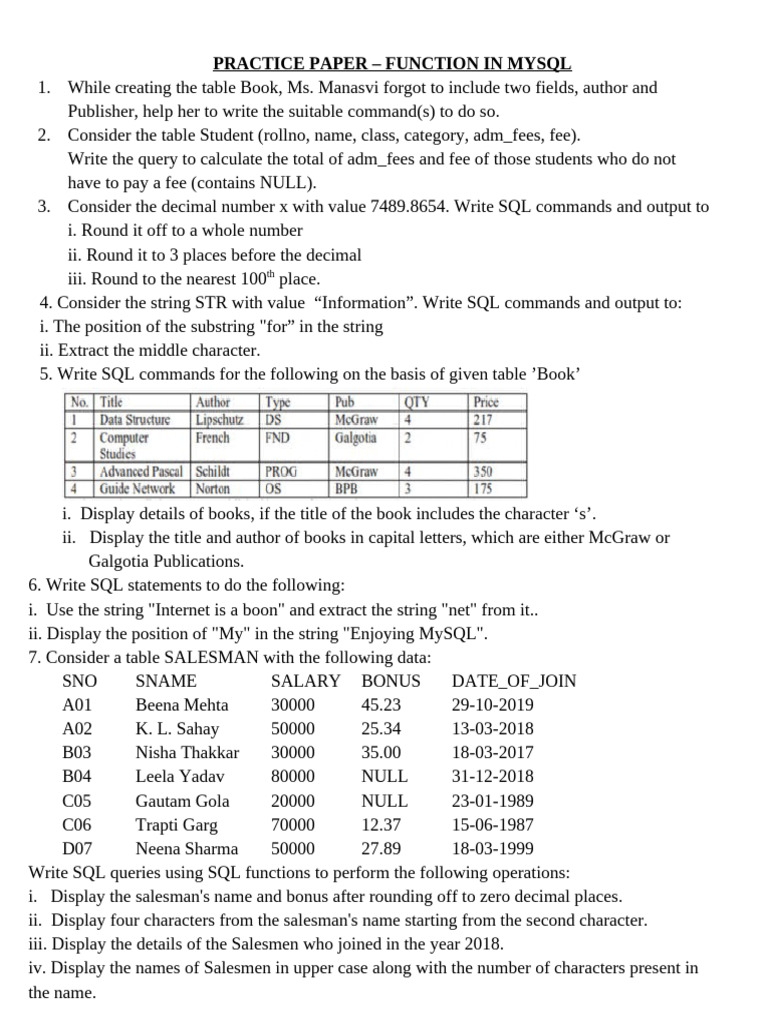 MySQL Function Practice Paper | PDF | Sql | String (Computer Science)