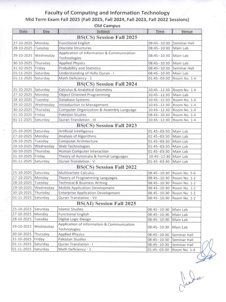 Date Sheet Mid Term Fall 2025 - Old Campus | PDF