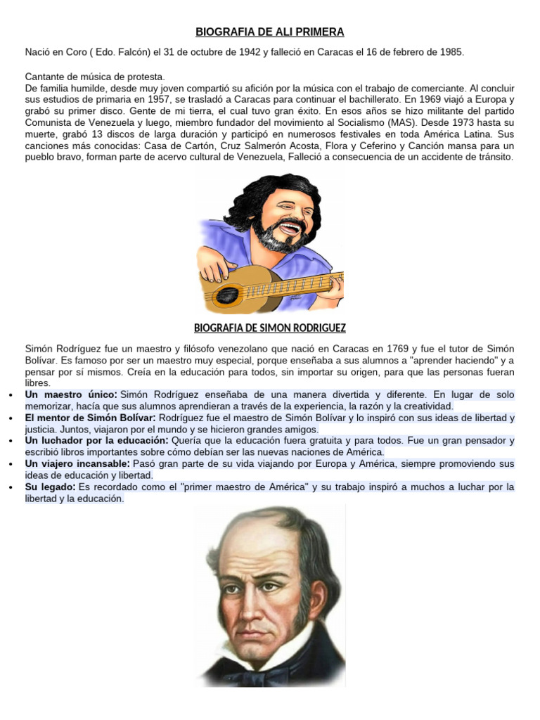 Biografías de Ali Primera y Simón Rodríguez | PDF