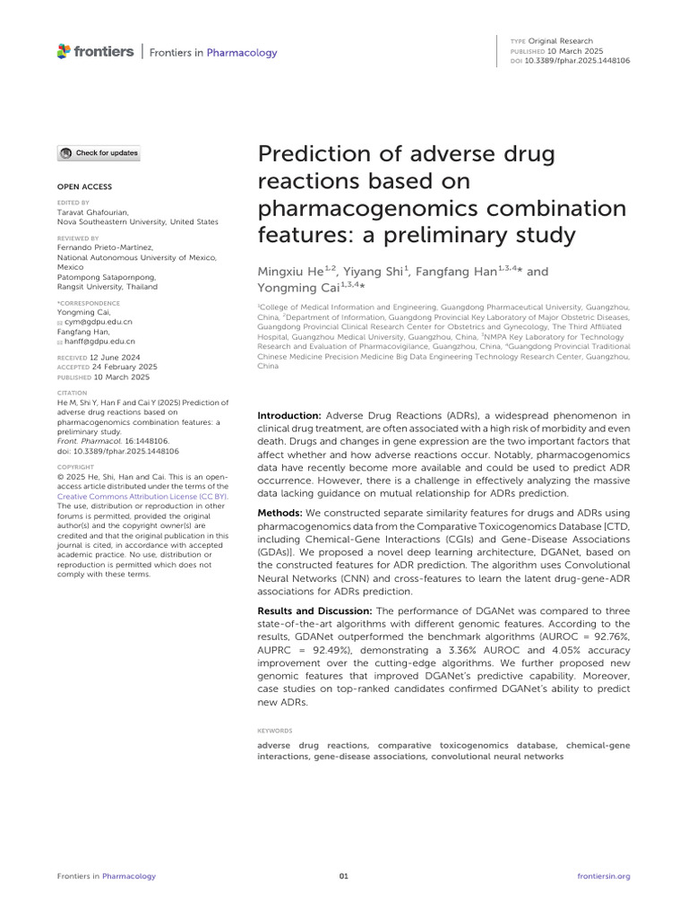 Prediction of Adverse Drug Reactions Based On Pharmacogenomics ...