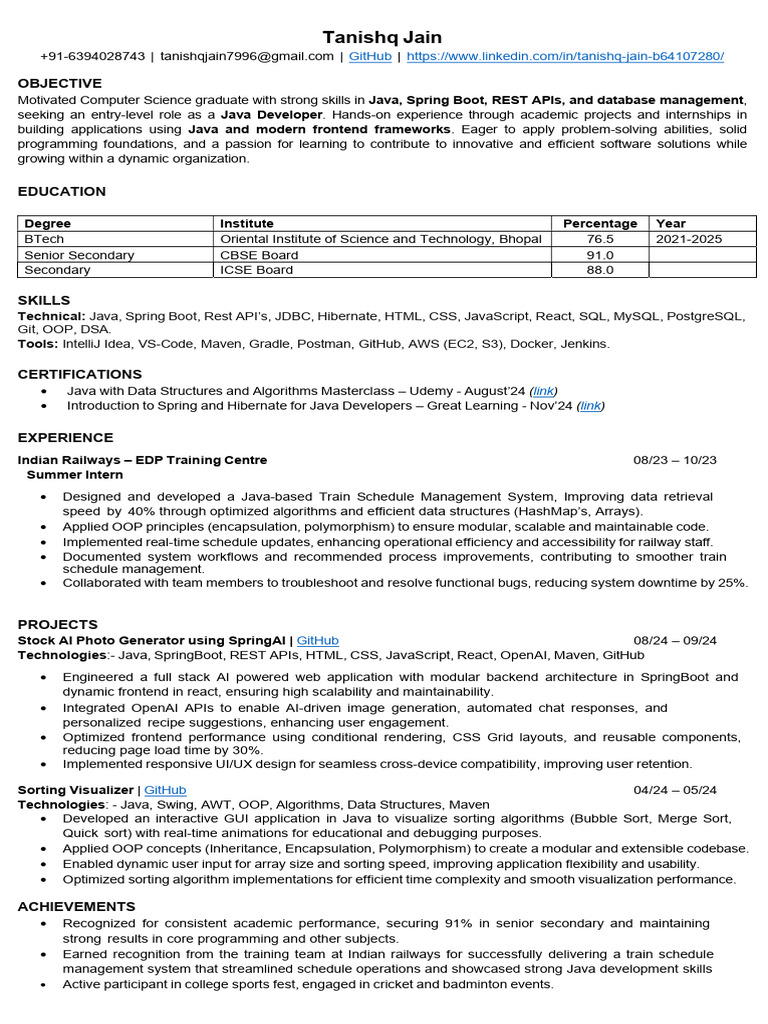 Java Developer Resume of Tanishq Jain | PDF | Java (Programming ...