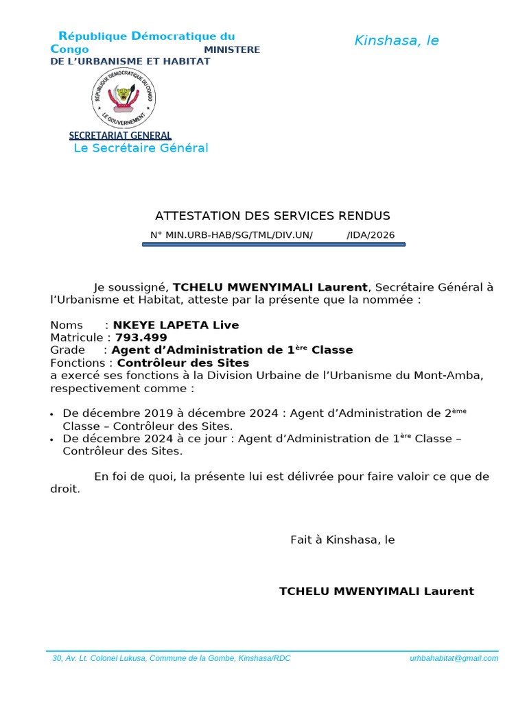 Attestation de services rendus à Kinshasa | PDF