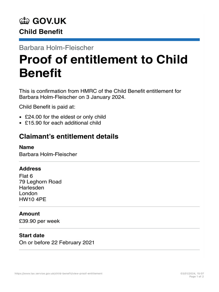 Child Benefit Entitlement Confirmation | PDF