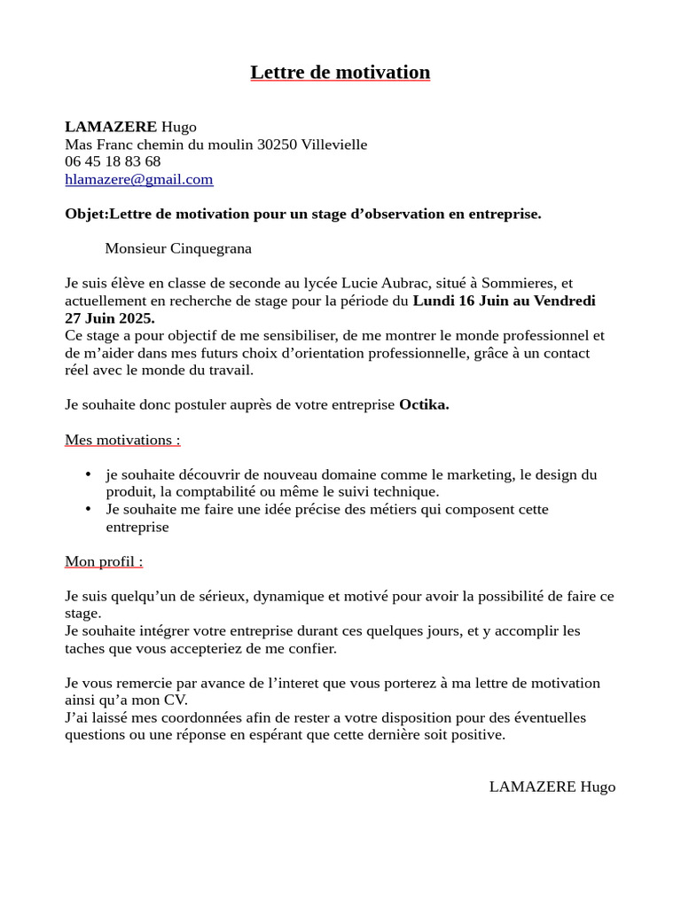 Lettre de motivation pour stage d'observation | PDF