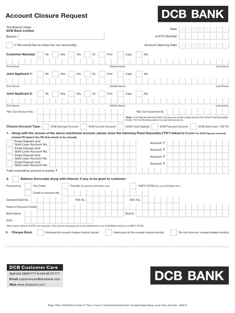 DCB Bank Account Closure Request Form | PDF | Debit Card | Banks
