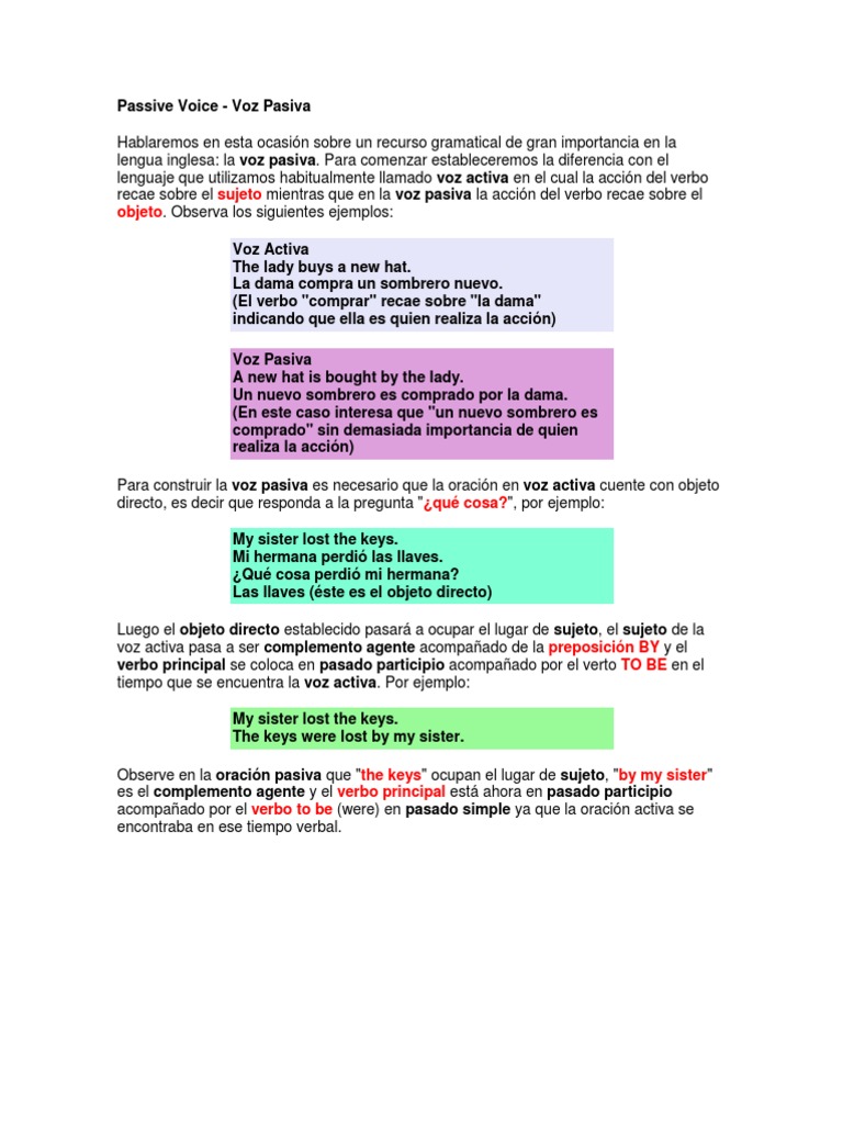 Estructura y Ejemplos de Voz Pasiva | PDF | Objeto (gramática) | Verbo