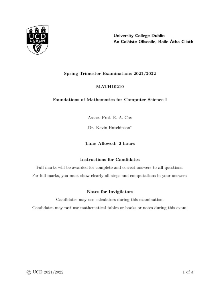 UCD MATH10210 Exam Spring 2022 | PDF | Function (Mathematics) | Mathematics