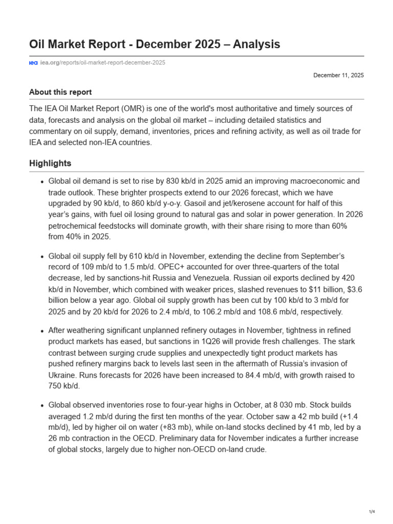 December 2025 Oil Market Analysis | PDF | Opec | Petroleum Industry