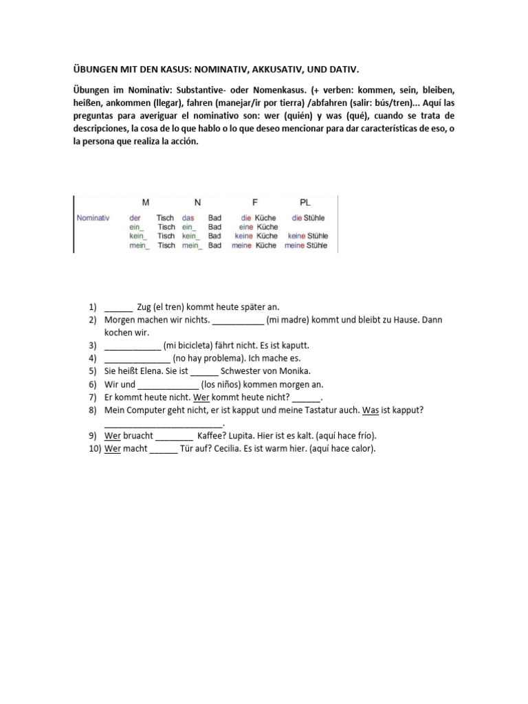 Übungen Mit Den Kasus Nom Akk Dat | PDF