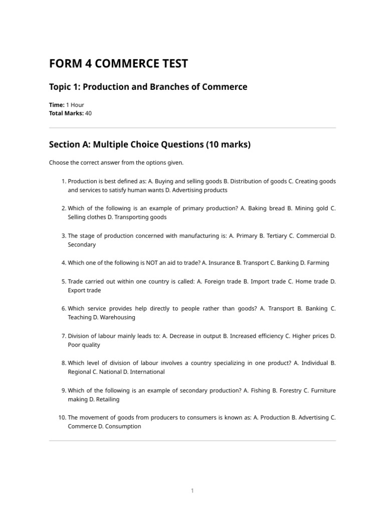 Form 4 Commerce Test: Production & Trade | PDF