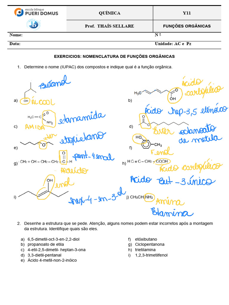 Exercícios sobre Funções Orgânicas | PDF | Grupo funcional | Amida