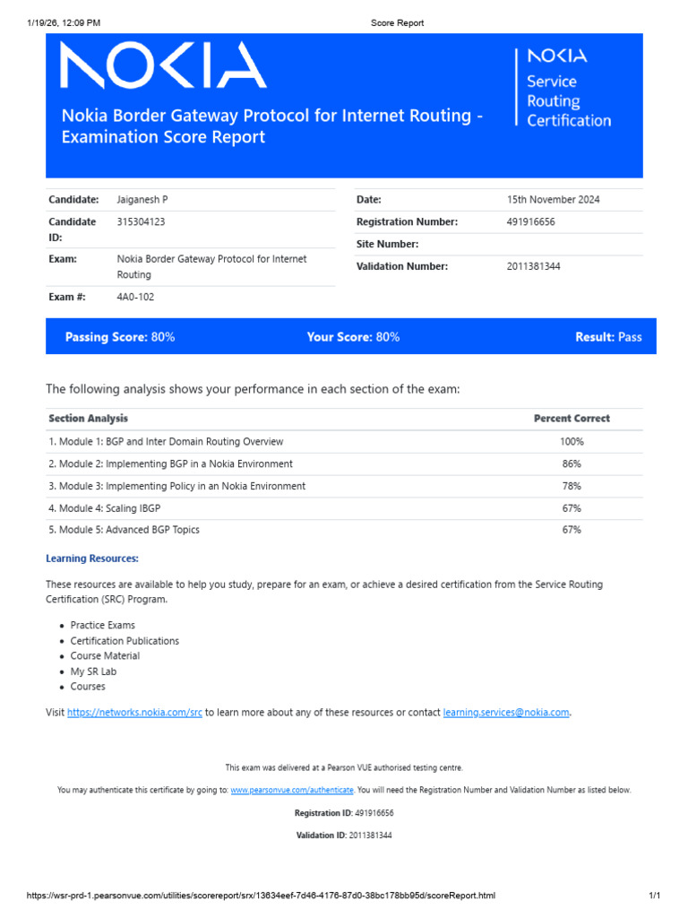 Nokia BGP Exam Score Report | PDF | Network Protocols | Computer Network